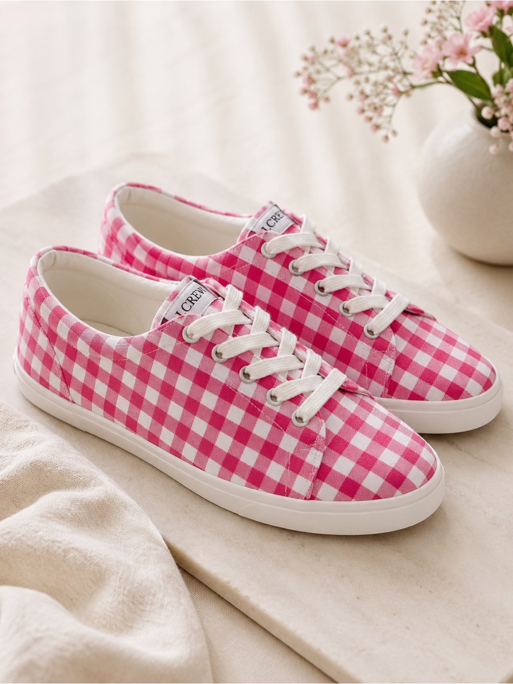 NWOT J Crew Road Trip Pink and White Gingham Lace Up Sneakers Size 6.5